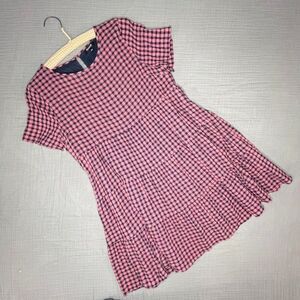 Madewell Size Large Short-Sleeve Tiered Mini Dress Gingham Check Burgundy AL286